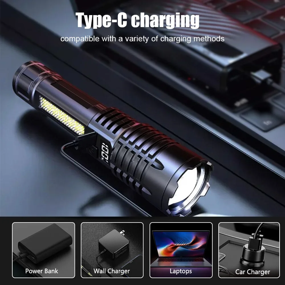 Most Powerful Flashlight With Side Light 5 modes Long Range 2000m Rechargeable LED Flashlight Tactical Torch Emergency Spotlight