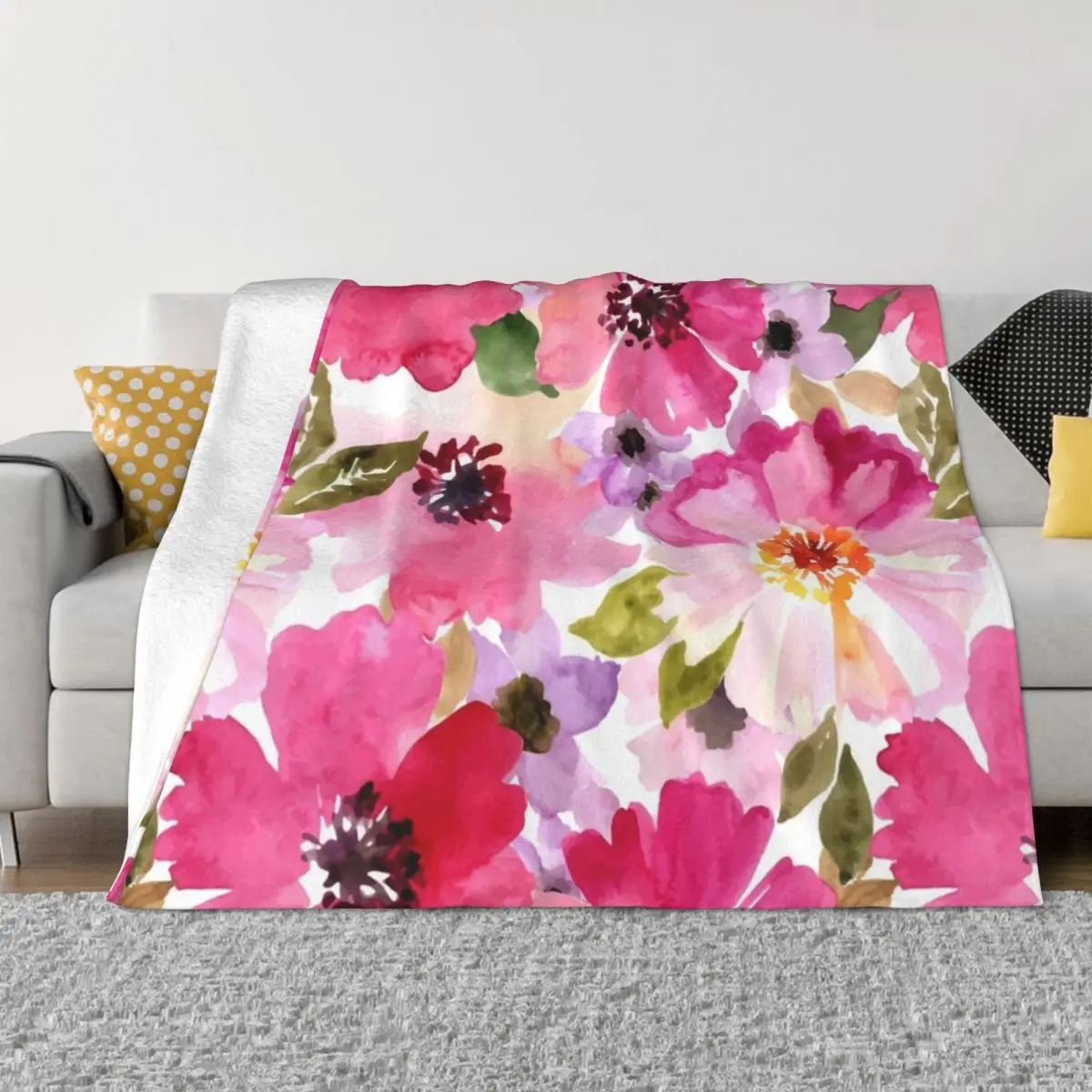 Watercolor Flowers Pink Fuchsia Throw Blanket Weighted Blanket Winter bed blankets Blankets Sofas Of Decoration