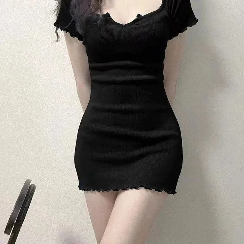 SMVP Korean U Neck Bodycon Knitted Dress Women Spicy Girl Solid Slim Wrap Hip Dresses Woman Short Sleeve Tight Mini Dress Female