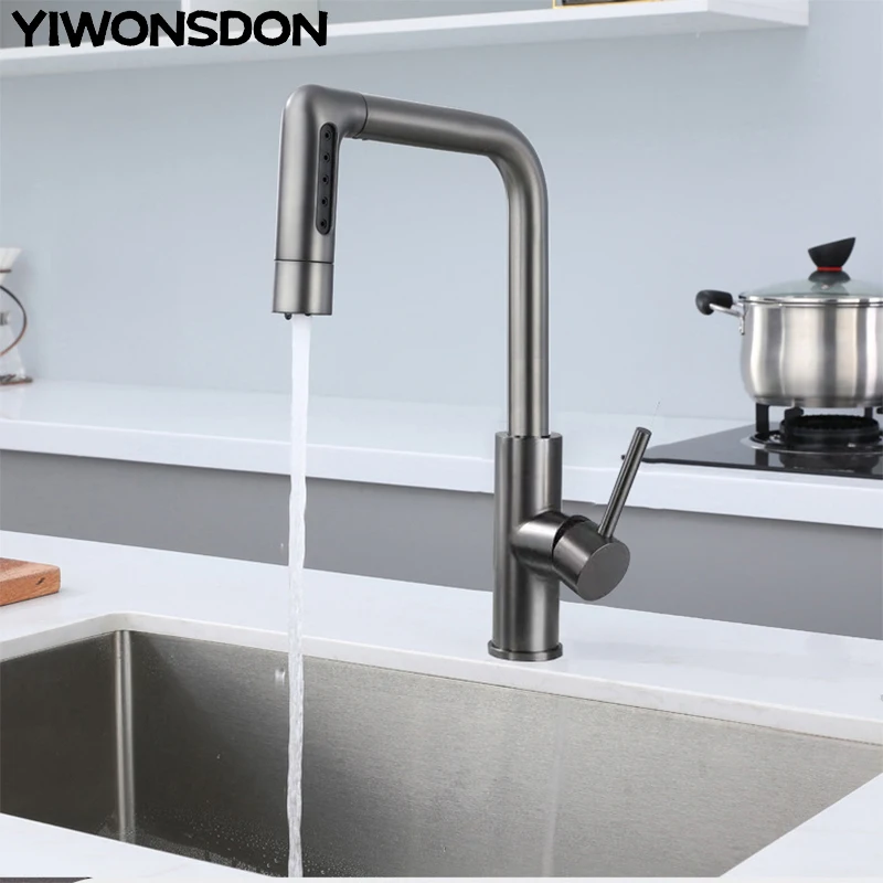 YIWONSDON Gray 5 Modes Pulling Out Waterfall Kitchen Sink Faucet Hot Cold Mixer Water Basin Desk Mounted Black Tap Accessories