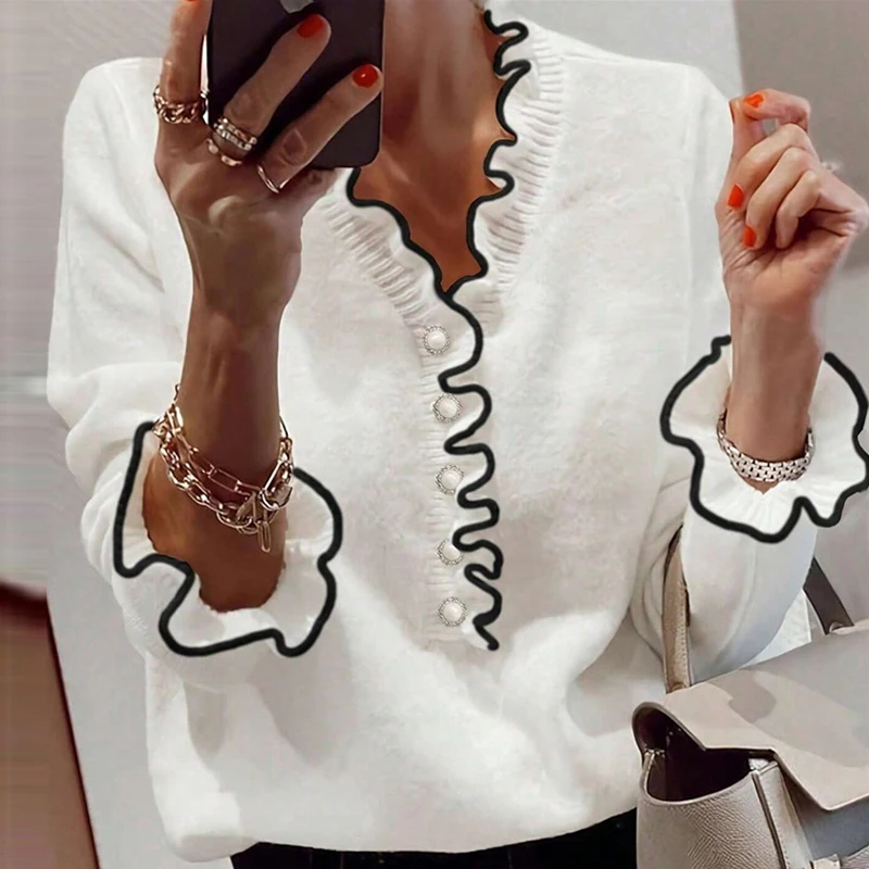 2024 Fall Winter Color Contrasting Knitted Sweater Casual Ruffle Button Long Sleeve Sweater Elegant Lady V-neck Commuter Sweater