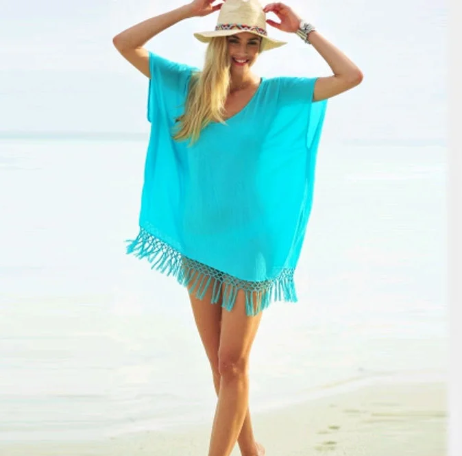 2023 Spring and Summer Solid Tassel Chiffon Loose Women's Beach Sunscreen Shirt Seaside Holiday Clothes Green