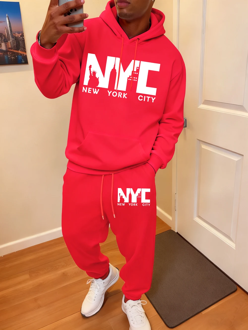 2 قطعة هوديس مجموعة رجالي مدينة نيويورك رسالة يطبع Sweatpants الشتاء الصوف الدافئة جيب هودي سراويل للجري ملابس رياضية فضفاضة