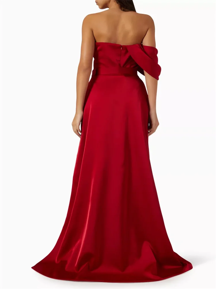 Customized Elegant Crimson Asymmetric Pleated Evening Gown Sleeveless Asymmetrical Neck Pleated Bodice Belted Backless Dress