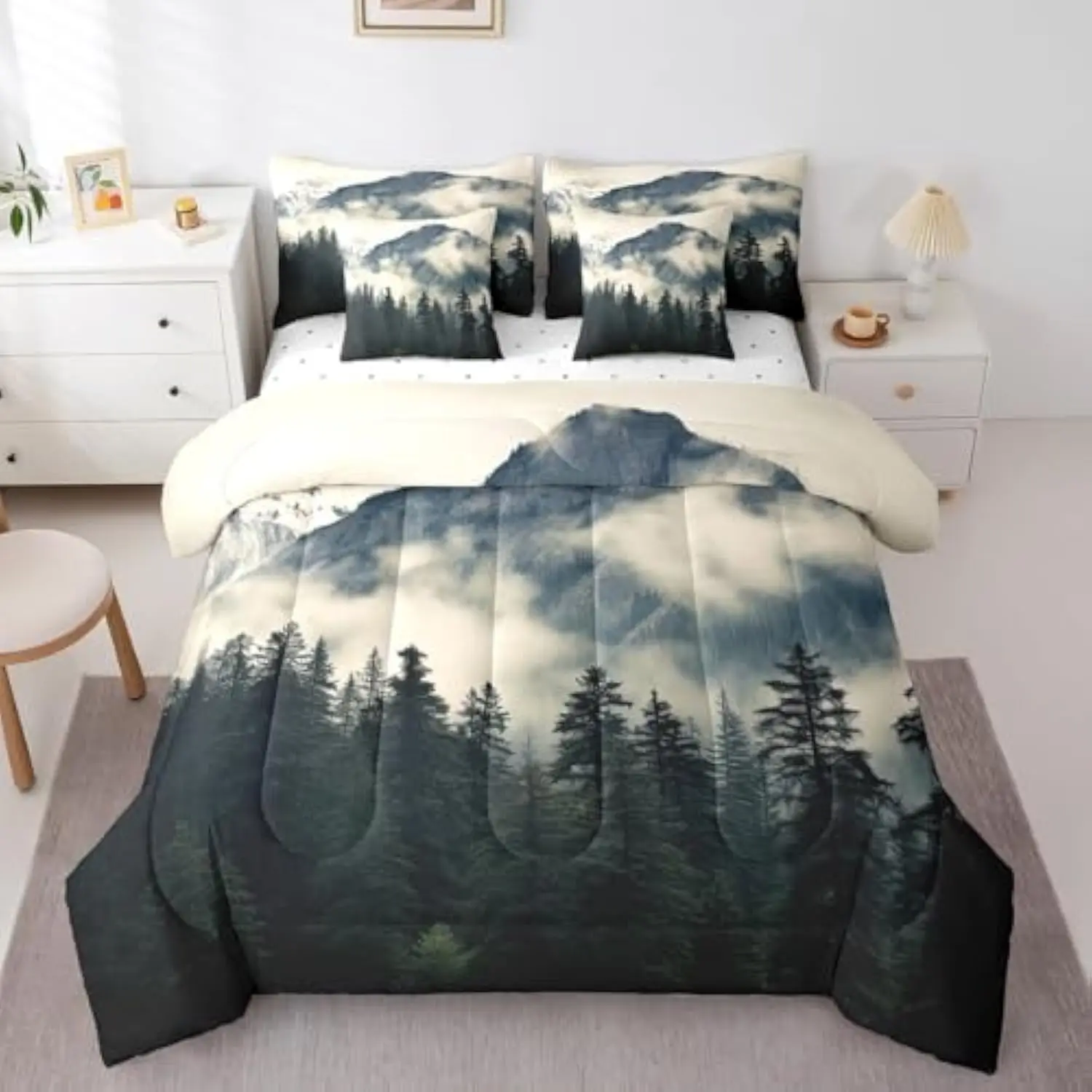 

Smoky Mountain Full Size 7Pcs Comforter Set Bed in a Bag Watercolor Trees Mountain Landscape Bedroom Comforter with 1 Flat She