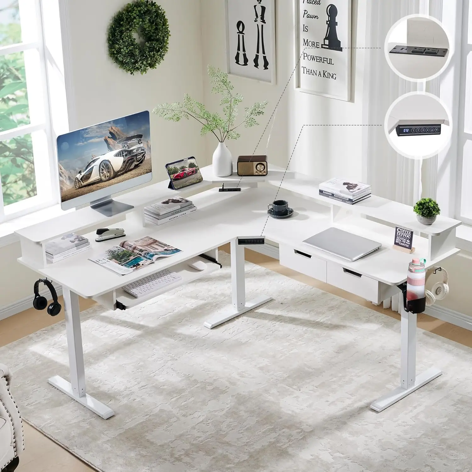 

60 Inches L Shaped Electric Standing Desk, Height Adjustable Corner Gaming Desk with Drawers, Keyboard Tray, Power Outlets & LED