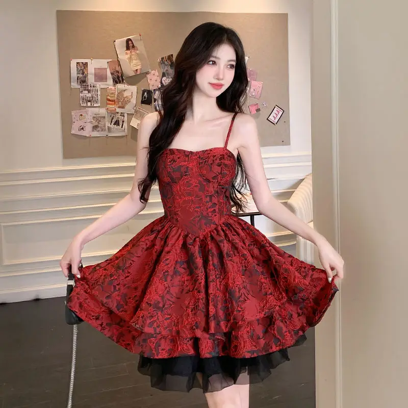 

SOIOMES Sweet and Spicy Red Suspender Spicy Girl Dress Sexy and Slimming Ballet Princess Fluffy Skirt Birthday Short Skirt