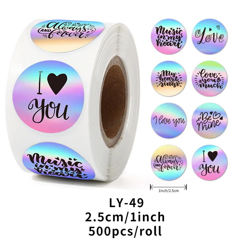 

500 наклеек в рулоне, радужная лазерная наклейка, наклейка на день Святого Валентина, рулон, самоклеящаяся лазерная этикетка для упаковки