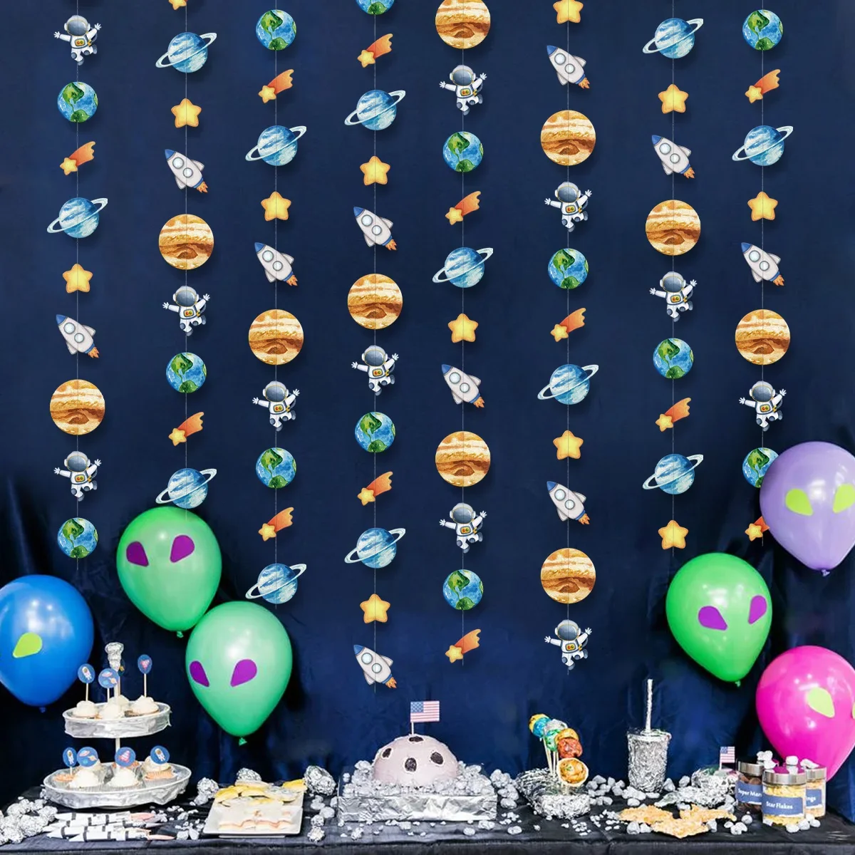 Outer Space Theme Astronaut Planets Rocket Banner Cupcake Topper String Garland for Kids Birthday Baby Shower Party Decoration