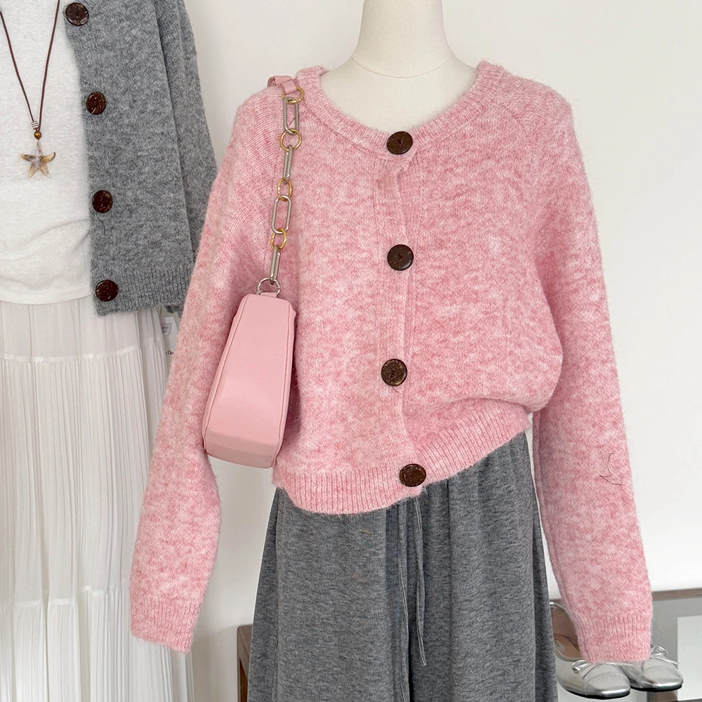 

Осень-зима, простые вязаные кардиганы с круглым вырезом, женские базовые однобортные свободные свитера, верхняя одежда, универсальные мягкие топы