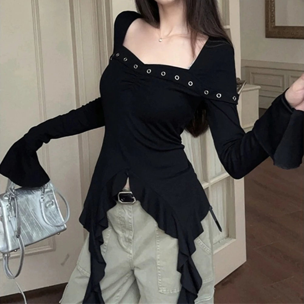 Koszulka z nieregularną talią i kwadratowym dekoltem Casualowa okazja Zupełnie nowy styl casualowy z długim rękawem Slim Fit w jednolitym kolorze