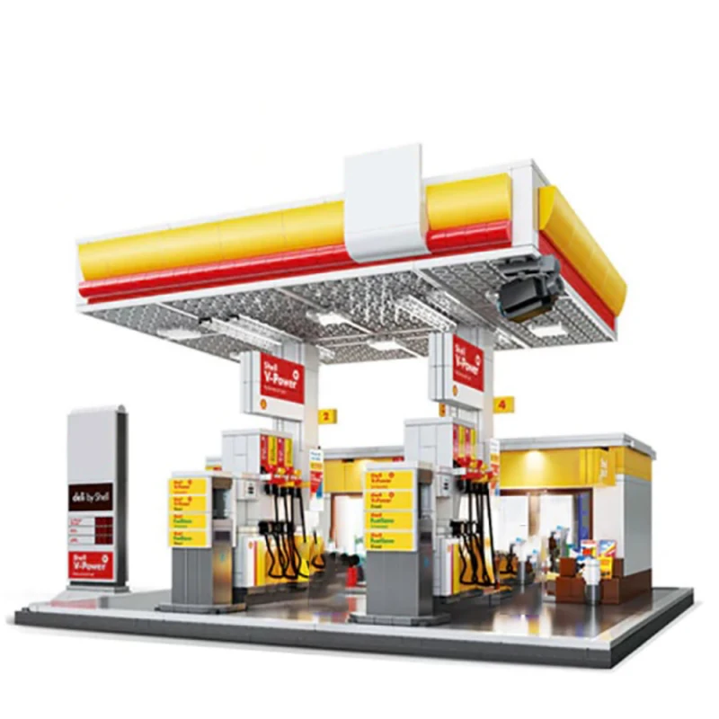 1309PCS MOC Shell Einzelhandel Station Bausteine Stadt Auto Tankstelle Modell mit Beleuchtung Puzzle Spielzeug Geschenk für Kinder Erwachsene ﻿