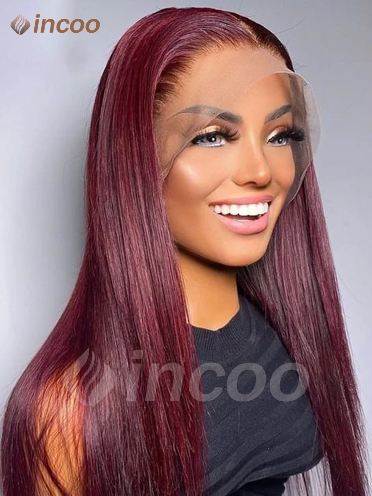 99J Rambut Lurus Peru Burgundy Gelap 13X6 Wig Renda Depan Wig Rambut Manusia Pra-petik Merah 13X4 Rambut Manusia Wig Renda Depan