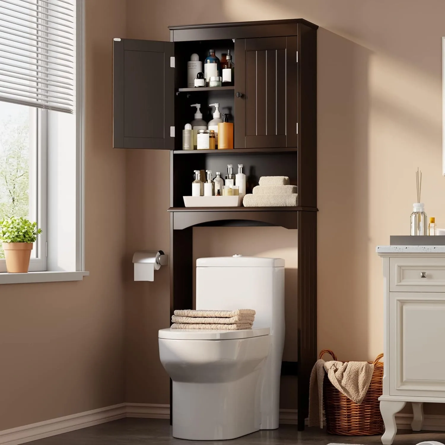 

Storage cabinet above the toilet, with adjustable shelf and double doors, open shelf, espresso