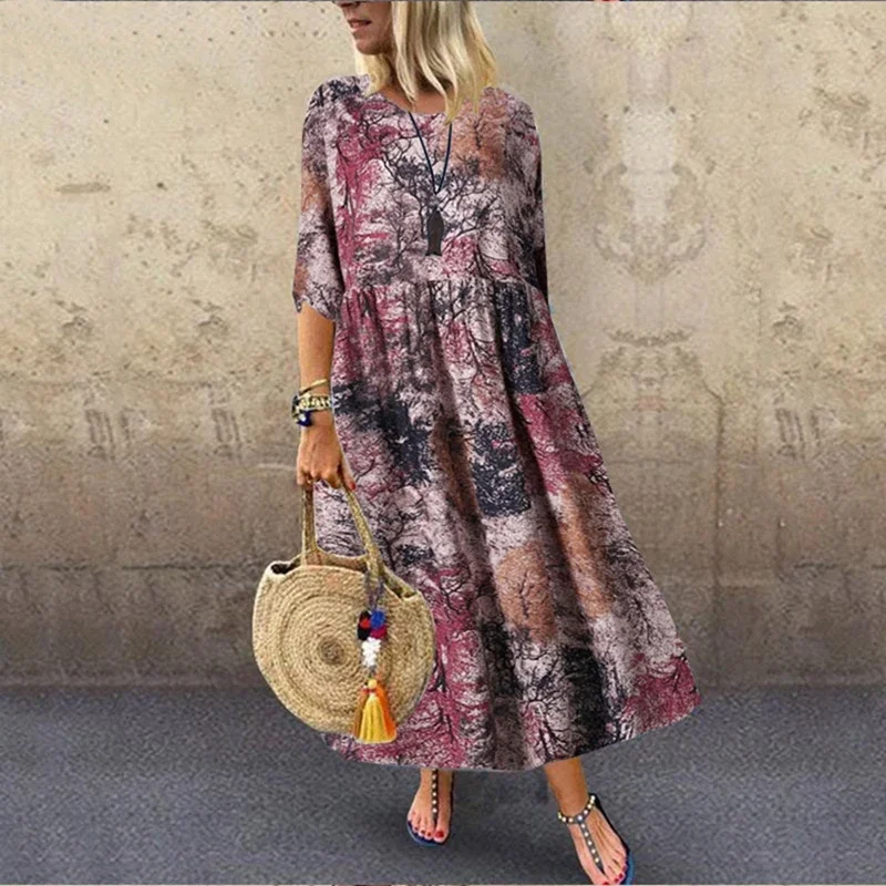 Summer Women\'s Printed Casual Loose Long Dress with Round Neck and Half Sleeves Fashion Loose Long Dress