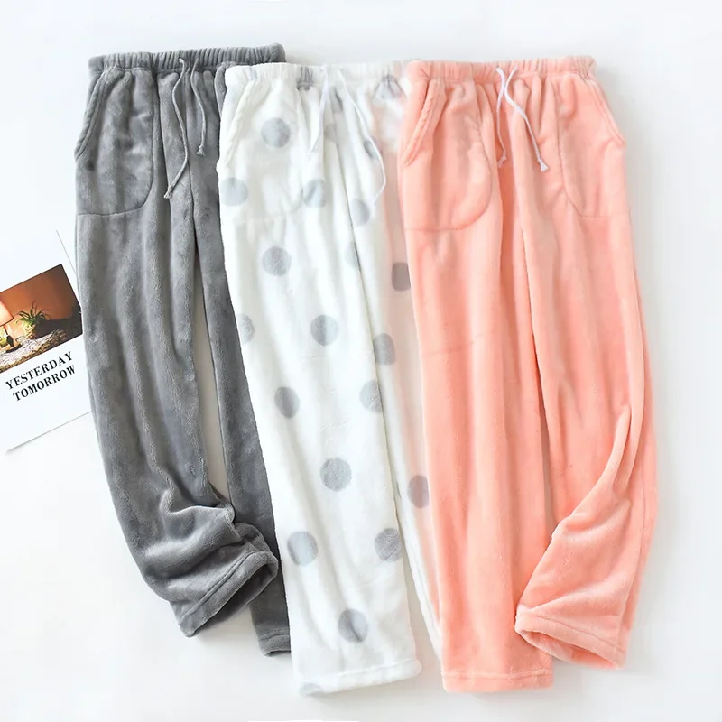 Pantalones de pijama de franela para mujer, ropa de estar por casa, holgada, Polar, Coral, otoño e invierno, novedad