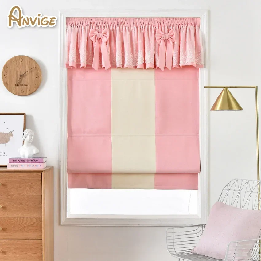 ANVIGE Motorized Cartoon Pink Color Blackout/Light Filtering Curtain Window Blinds Roman Shades Customized