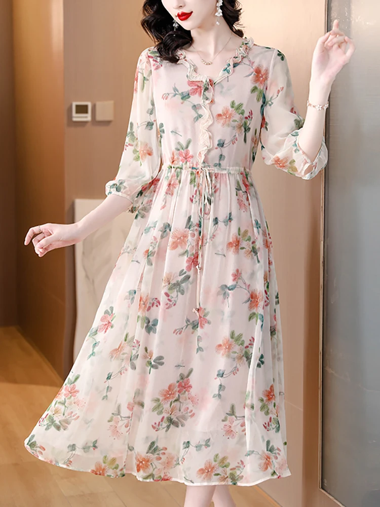 

Женское длинное платье с оборками, Элегантное повседневное шелковое платье с V-образным вырезом, украшенное цветочным принтом, в Корейском стиле, осень 2024