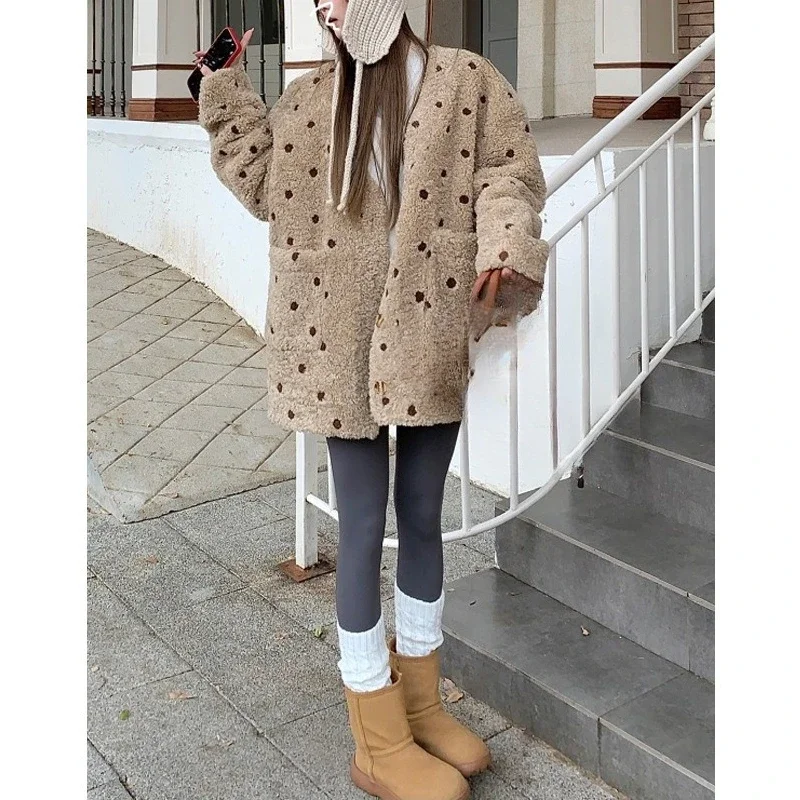 Lamb Wool Coat Lazy Warm Polka Dots Contrasting Color Fur Cardigan Design Sense Trendy American Retro Comfortable Beautiful