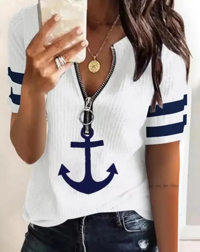 Top Women 2024 Summer Fashion Anchor Print Zipper Front Casual V-Neck Short Sleeve Daily T-Shirt Top Y2K Clothes