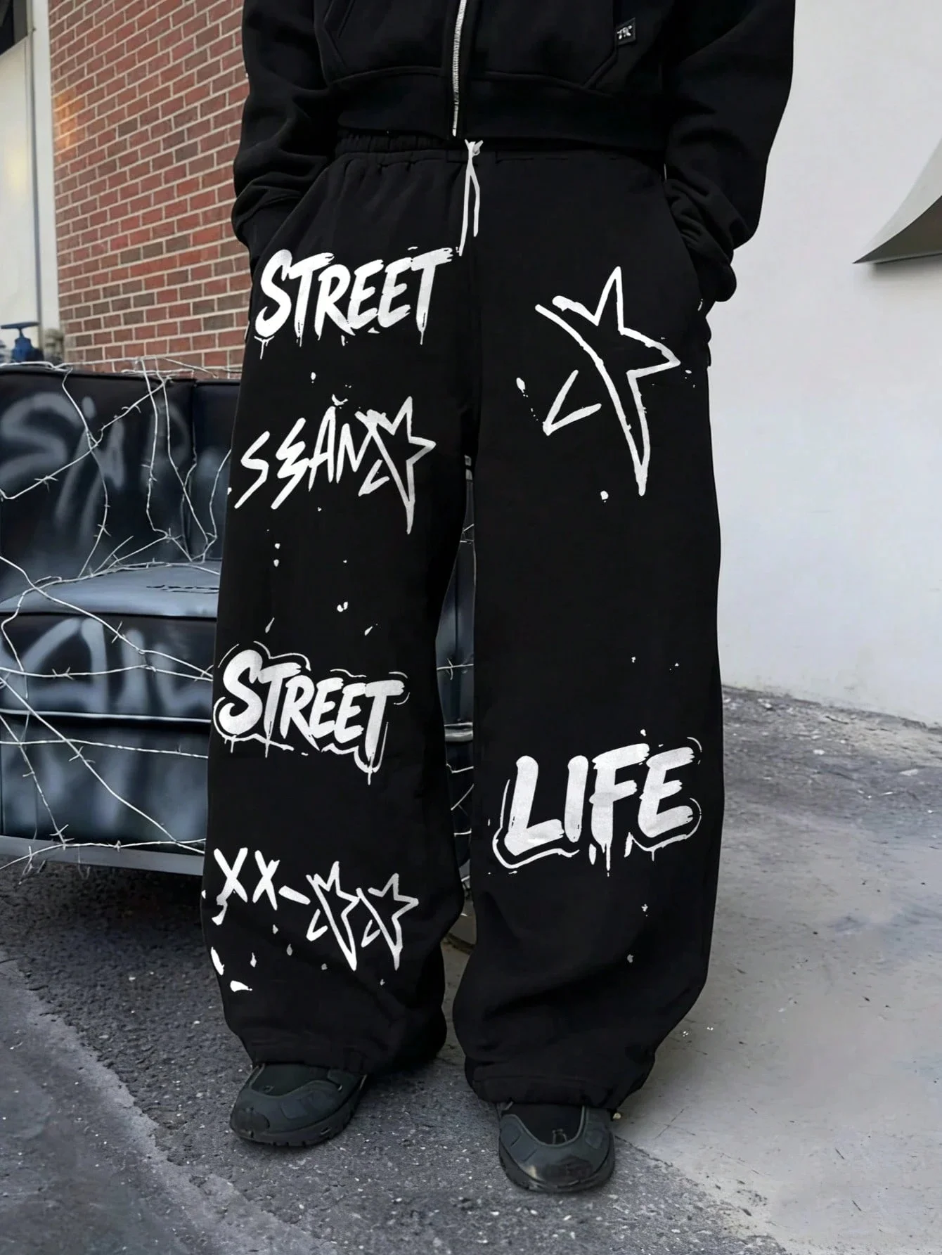 Y2K American Street Trendy Pants Graffiti Star Letter Printed Elastic Drawstring Loose Drop Hip Hop Style Wide Leg Pants