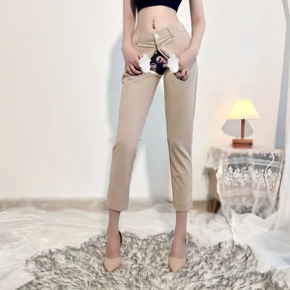 Summer Outdoor Sex Open Crotch Leggings Workplace Suit Pants Women's Zipper Erotic Date Harem Blazer Casual Tailored Trousers