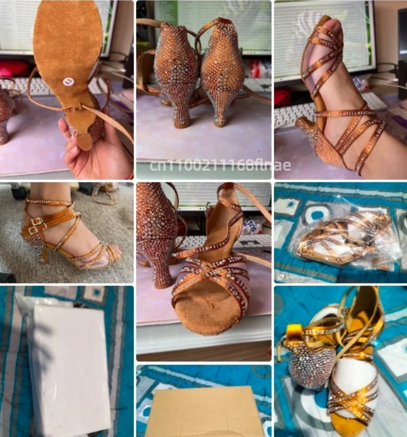 Lateinamerikanische Tanzschuhe für Damen, professionell, mit Diamantbesatz, hoher Absatz, weiche Sohle, für den Innenbereich, zum Üben und für Auftritte im Ballsaal. – Detail 4