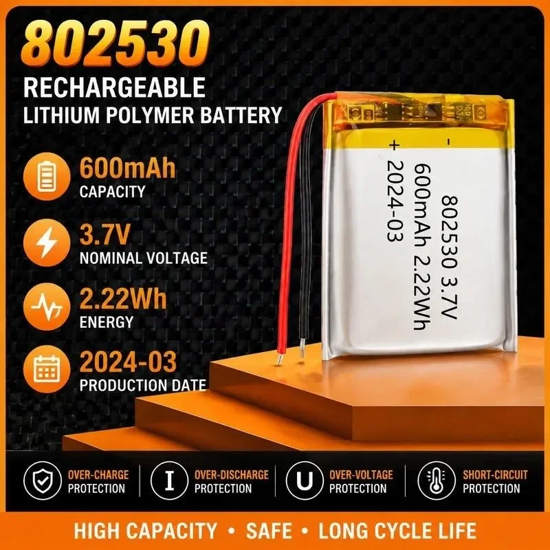 [New] 100pcs 802530 polymer lithium battery 600mAh beauty instrument sprayer, dog trainer rechargeable 3.7V lithium