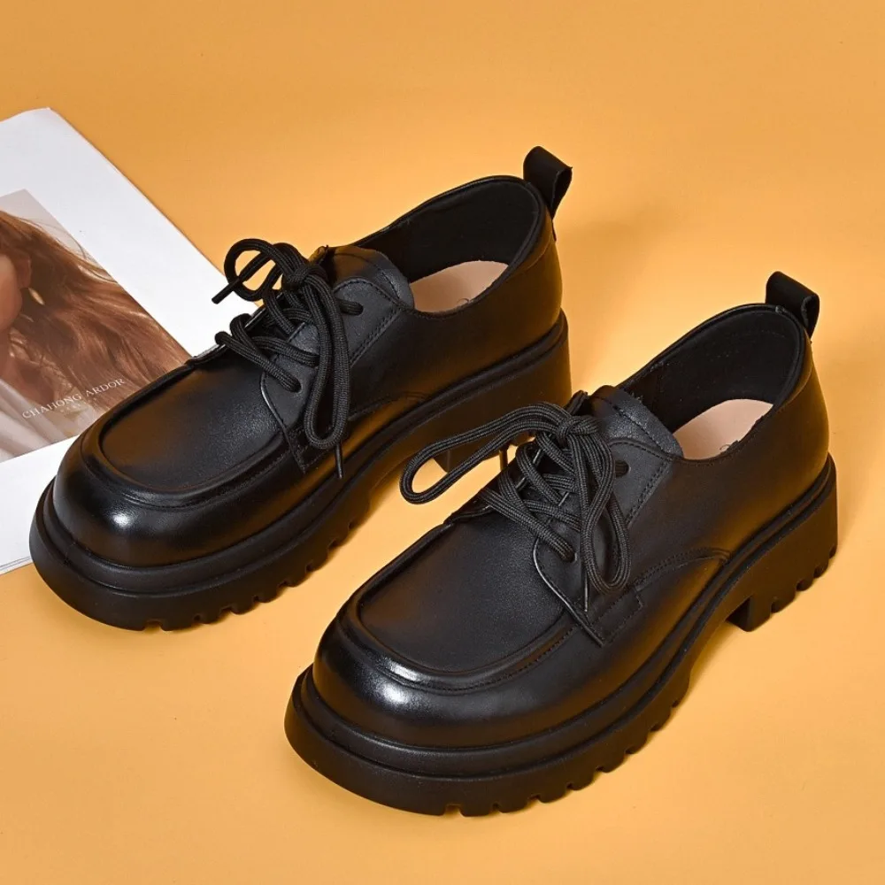 

Loafers Women's Spring and Autumn Round Head Lace-up Leather Shoes Women Four Seasons Soft Leather Low-heeled Pumps Women