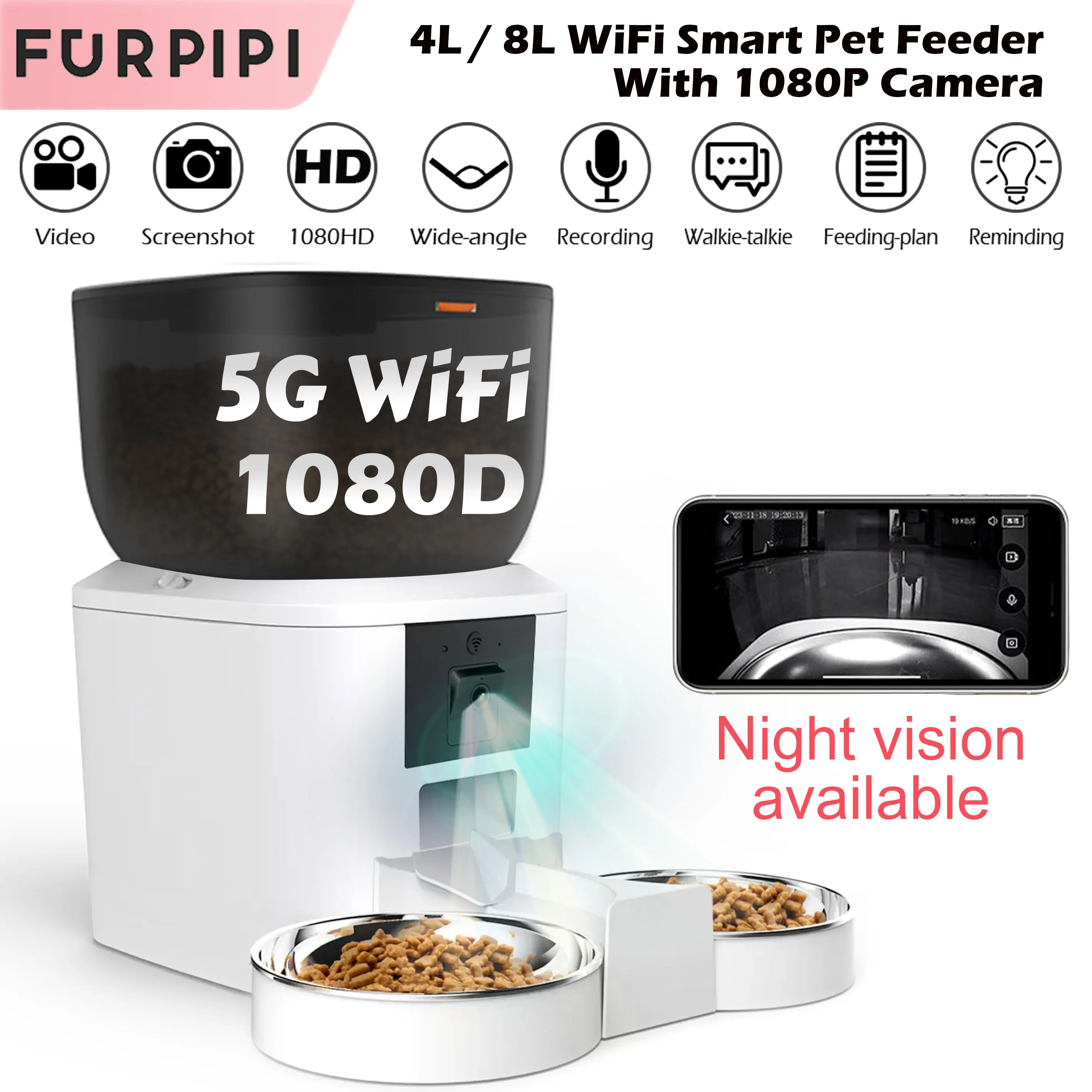 Automatic Cat Feeder With 1080p 5G Camera Video Cat Food Dispenser Smart Voice Recorder Remote Control Auto Feeder For Cat Dog