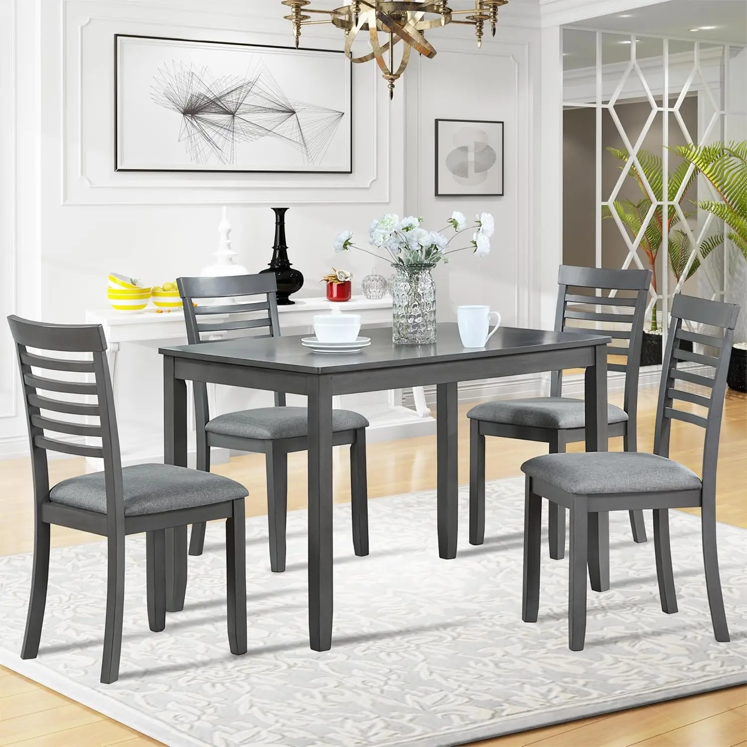 

5 Piece Dining Table Set, Rectangular Kitchen Table with 4 Upholstered Chairs, Rustic 5 Piece Dining Table Set for Living Room