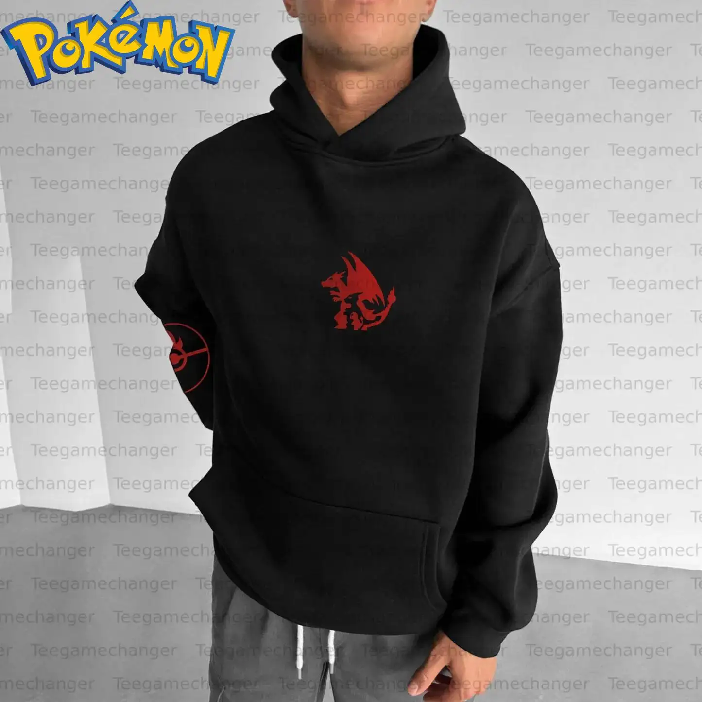 Pokemon Anime Ho-Oh Baumwoll-Hoodie, Harajuku-Hosen-Set, schwarzer Charakterdruck mit roten Flügeln, lila Körperflamme, Aura-Muster