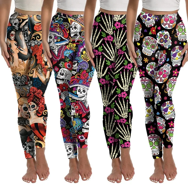 Halloween Day of The Dead Skull Rose 3D Print Pattern Sexy Skinny Leggins Fitness Workout Leggings for Women Trouser  Female