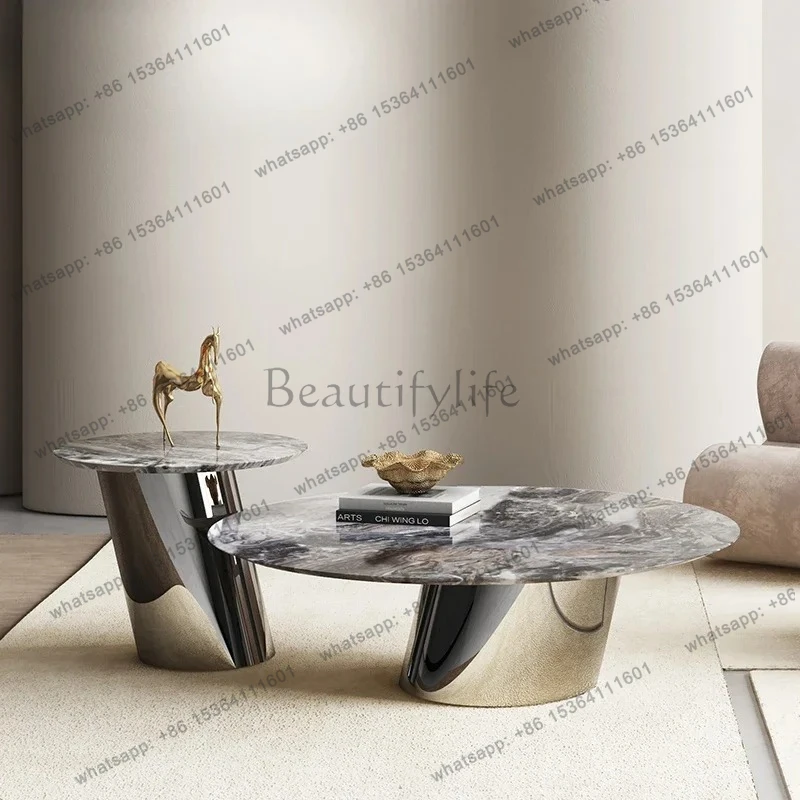 

LXLusso italiano chiaro/pietra naturale marrone + acciaio inossidabile, tavolino rotondo in marmo da soggiorno di design