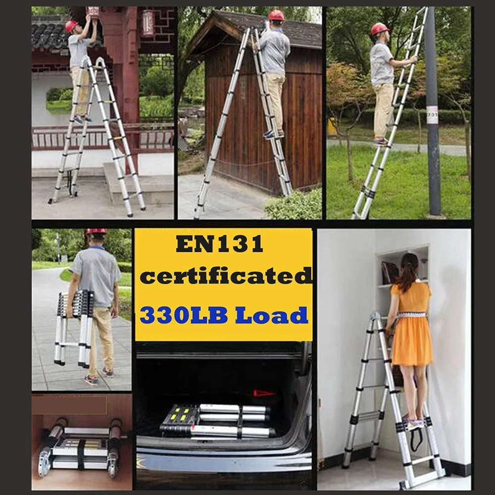 A-Frame Telescoping Ladder 12.5ft 6 + 6 Steps Adjustable Height with Support Bar Anti-Slip Feet, 330lbs Max Load, Folded Height