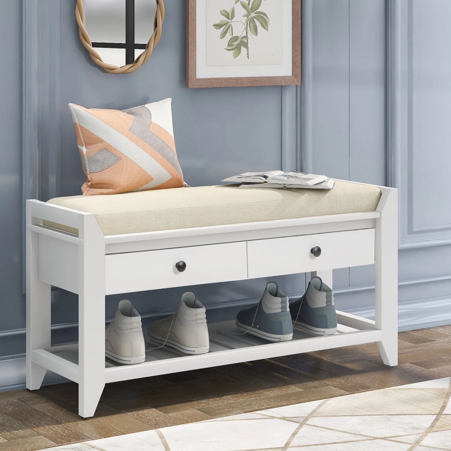 

Entryway Shoe Rack Bench Wooden Shoe Bench with Cushion Seating, Bottom Shelf and 2 Storage Drawers for Hallway Bedroom