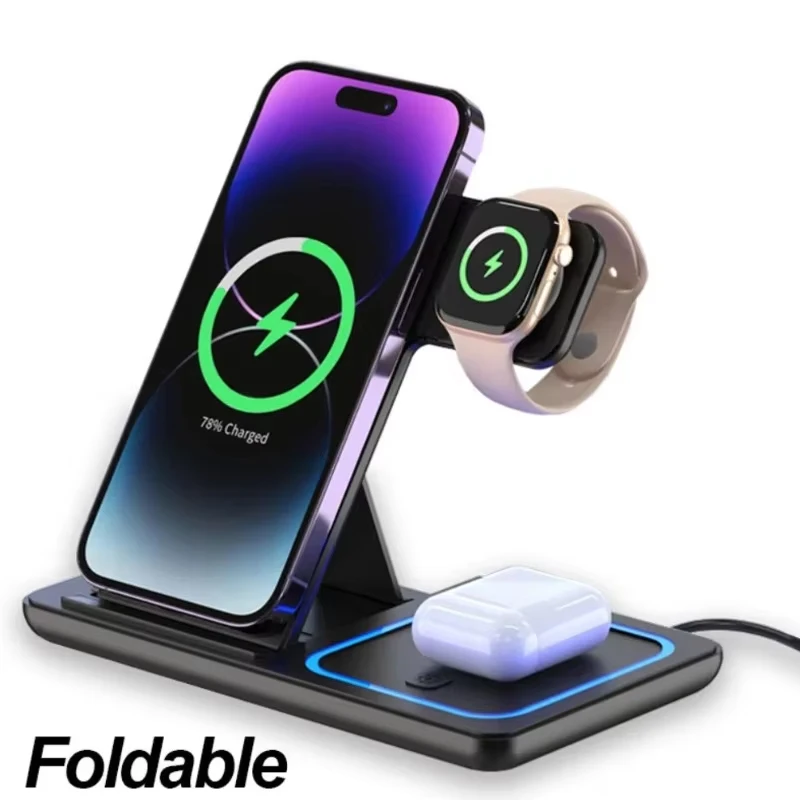 

Беспроводная зарядная станция VIKEFON 3-в-1 складная для iPhone 17-12 Pro Max, iWatch Ultra, Airpods Pro – быстрая зарядка, подставка-док