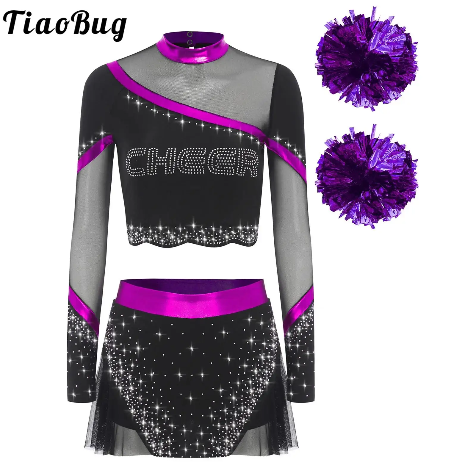 

Women Dance Cheerleading Outfits Long Sleeve Crop Tops with Skirt Set Rhinestones Cheerleader Dance Stage Performance Costumes