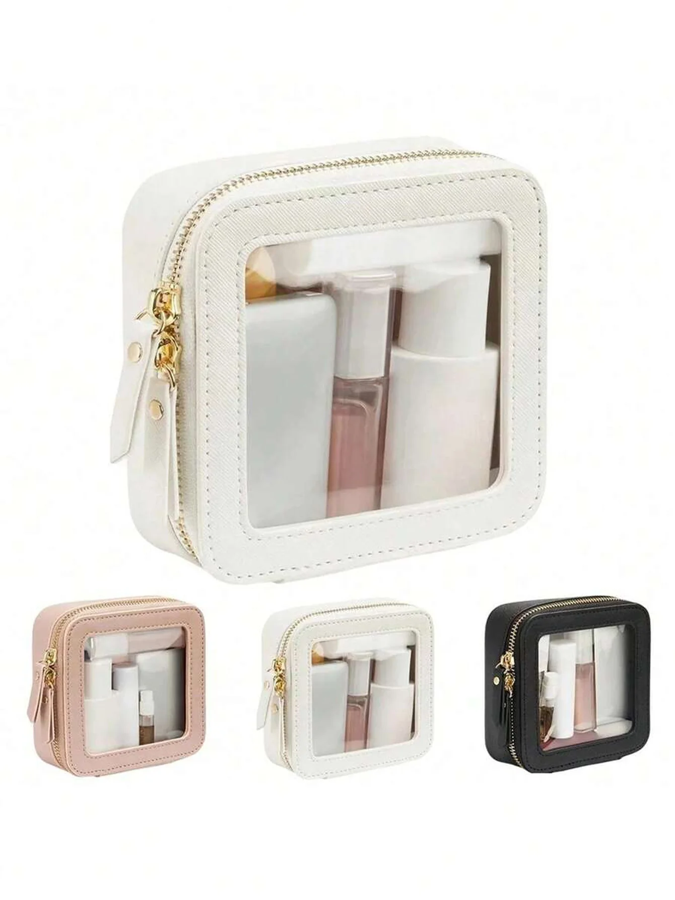 1 piece mini makeup bag - women's small makeup bag, waterproof travel toiletry bag, transparent console organizer bag with transparent window and gold zipper, lunch bag, travel bag, women's bag, small makeup bag/small makeup bag suitable for fitting into a purse |   Cute leather makeup bag |   Wallet storage bag |   Essentials for car travel wallet