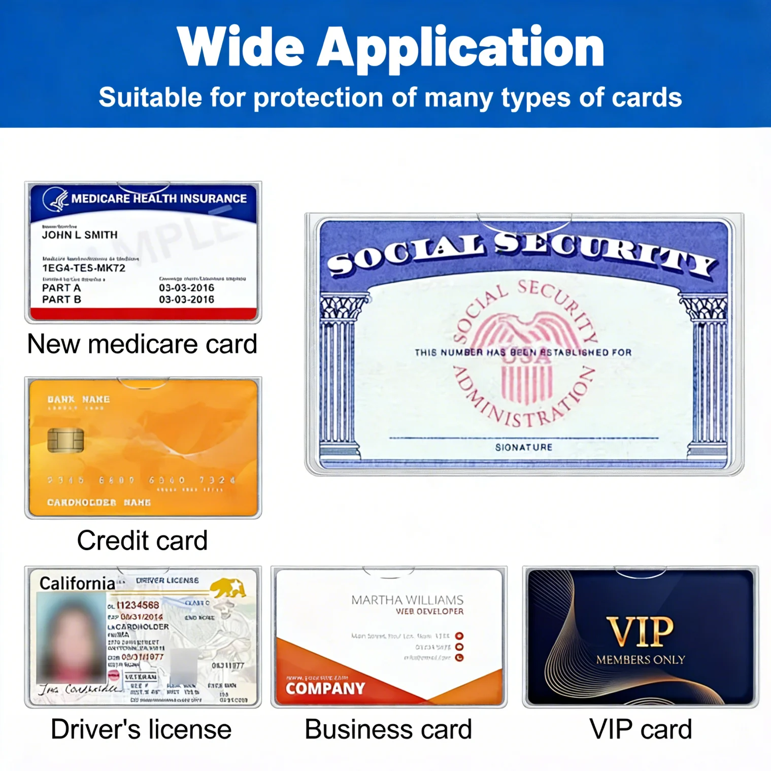 10 قطع من الأكمام الواقية للبطاقات الشفافة، تناسب بطاقات 3.82 × 2.32 بوصة (SSN/رخصة القيادة/الائتمان)، متعددة الاستخدام