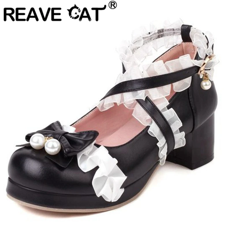 

REAVE CAT Women's Platform Pumps Round Toe Block Heels Buckle Strap Bowtie Pearl Lolita Big Size 30-48 Black Sweet Spring S3272