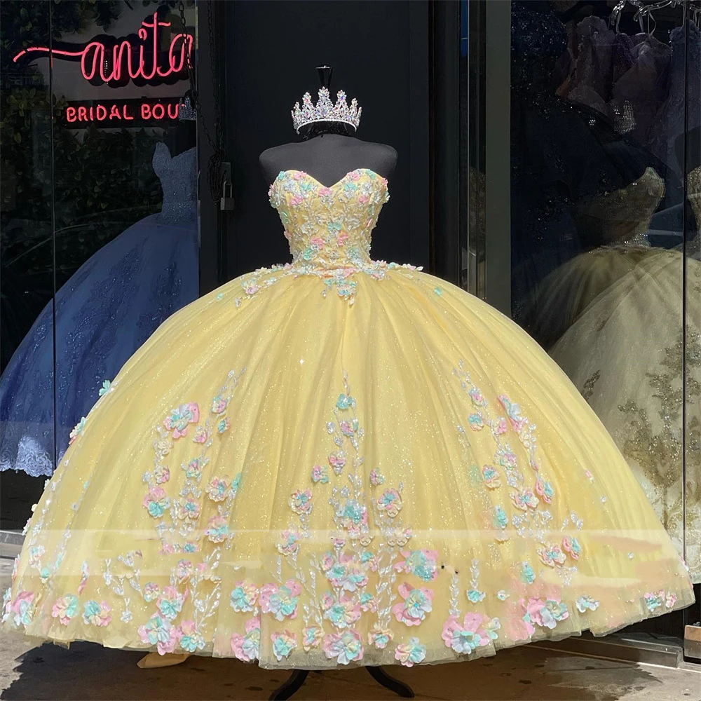 Angelsbridep Sprankelende Gele Quinceanera Kleedt Baljurken 2024 Kralen Sweet 16 Kanten Verjaardagsfeestje Vestido De 15 Anos