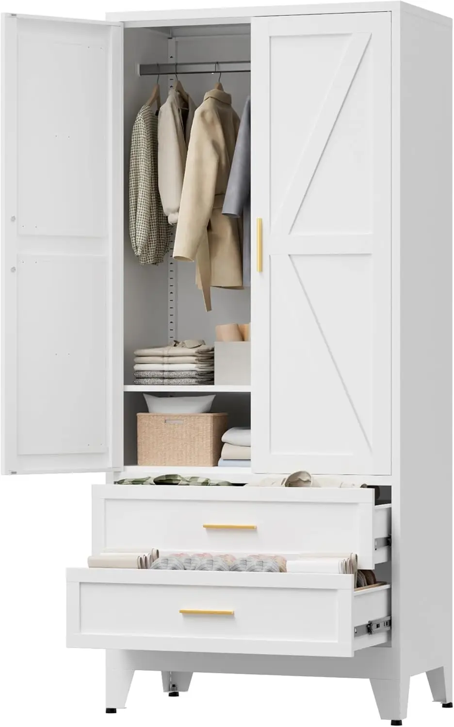 

71" Tall Metal Wardrobe Cabinet with 2 Drawers and Hanging Rod, 2 Doors Armoire Wardrobe Closet with Shelf for Bedroom, Office