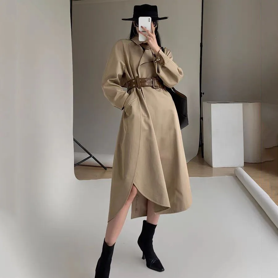 

2024 Spring New Women's Trench Coats Khaki Waist Metal Hook Matte Splicing Leather Belt British Style Coat Female Windbreaker