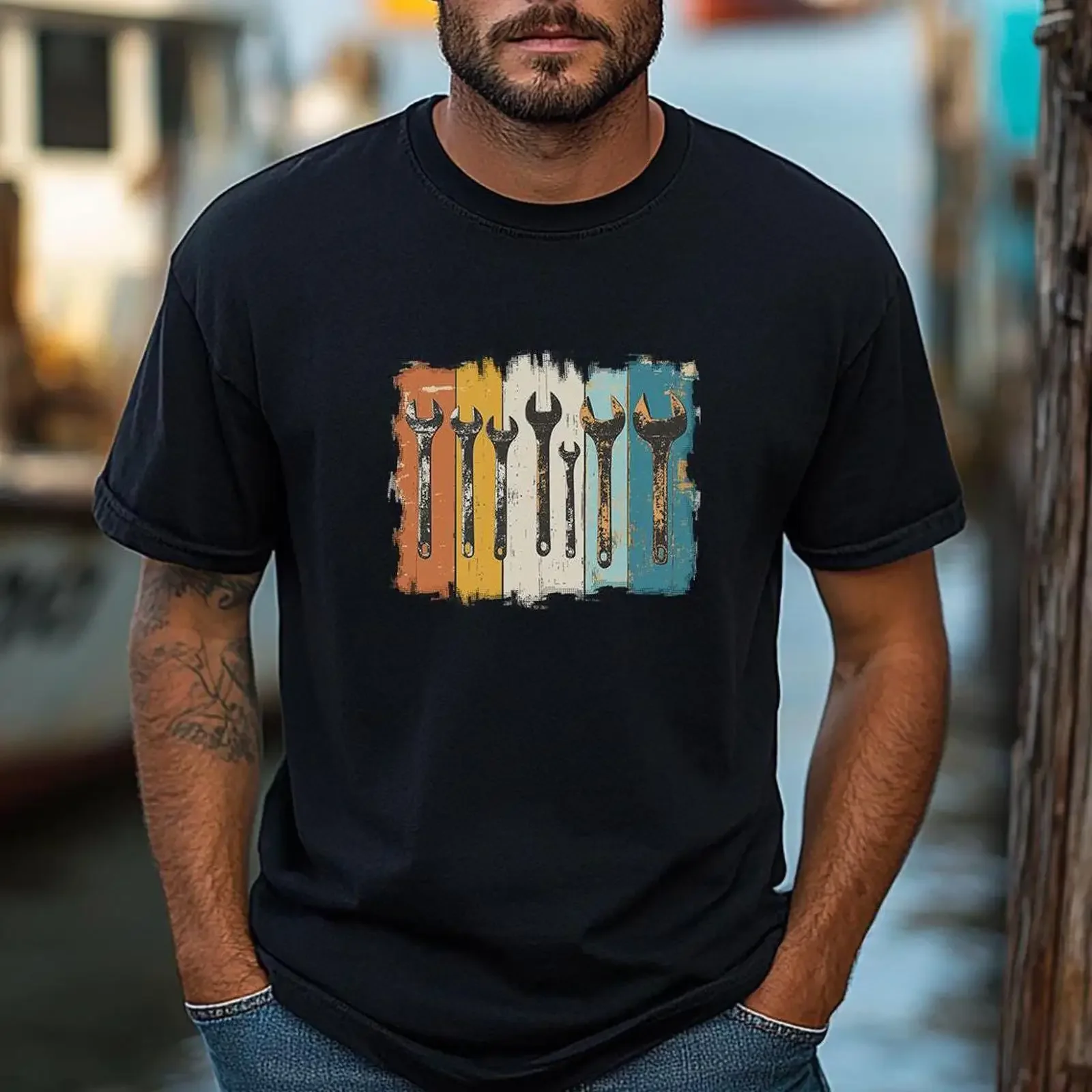 Men's Vintage Wrench T Shirt Handyman Mechanic Carpenter Construction Worker Casual for Dad vintage Washed fashion homme Soft