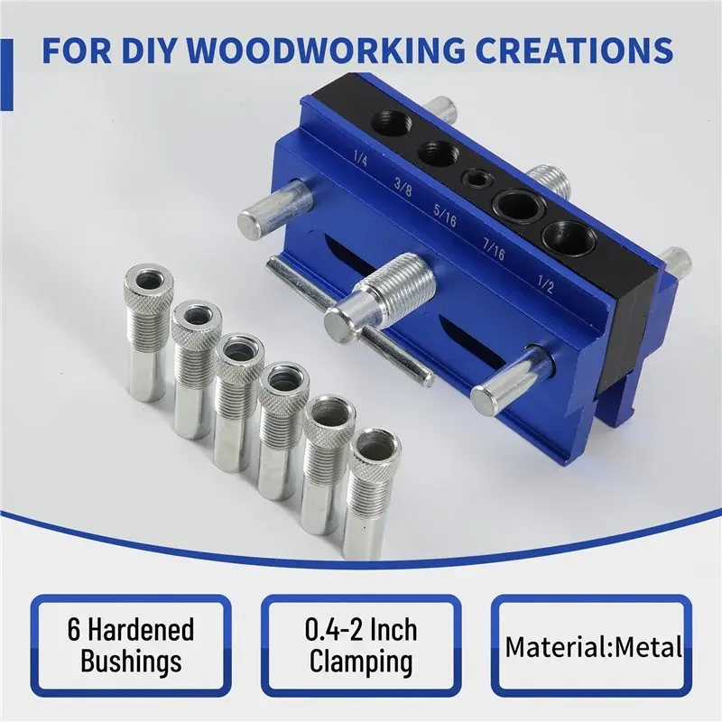 ABUH-Self Centering Dowel Jig Kit, Drill Guide Jig Block For Straight Holes 6PCS Drill Bushings, For Woodworking, Adjustable