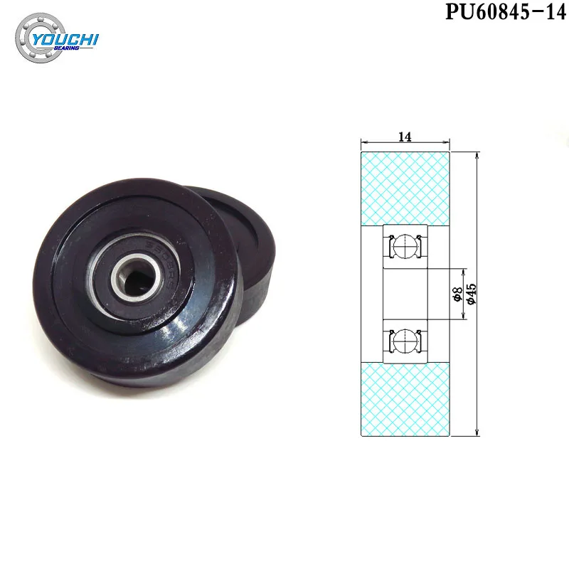 

OD 45 mm 85A Hard Rubber Roller With 608RS Bearing PU60845-14 8x45x14 Black Polyurethane Pulley Bearings