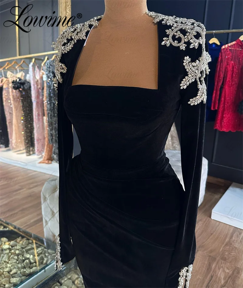 Black Long Sleeve Formal Occasion Dresses Ankle Length Crystals Arabic Evening Dress Custom Made Robe De Soiree Party Gowns 2024