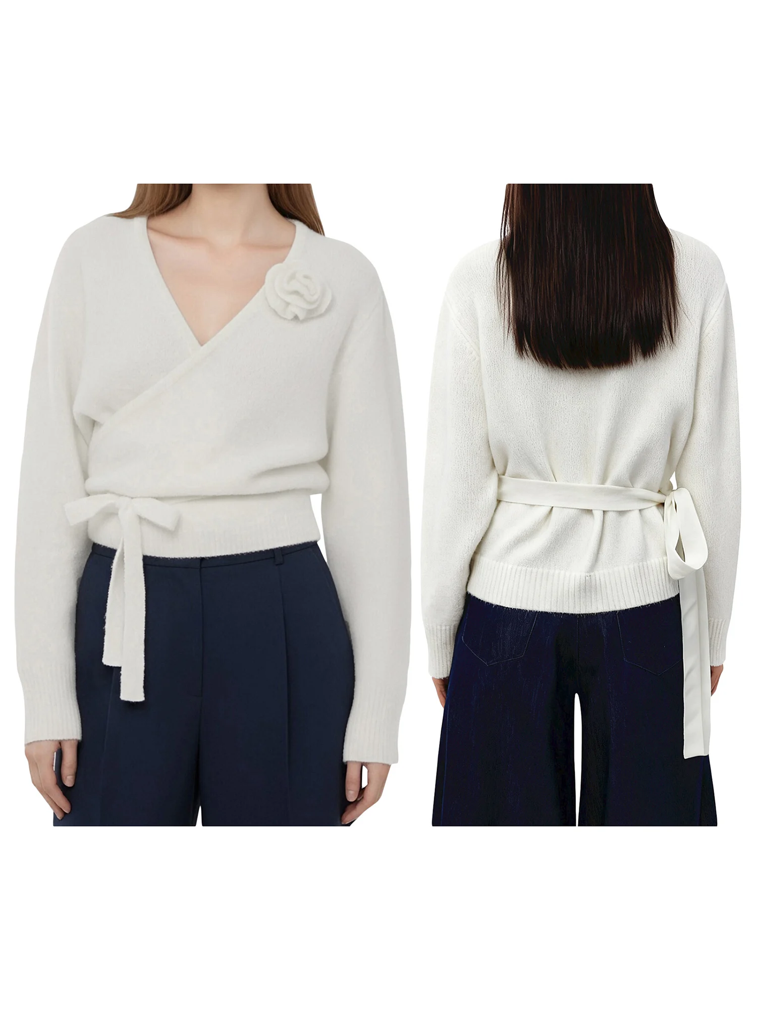 เสื้อจั๊มเปอร์ถักนิตติ้งสำหรับสุภาพสตรี พร้อมลายดอกไม้และดีไซน์ผูกเชือกอย่างมีสไตล์ เหมาะสำหรับวันที่อากาศเย็นในฤดูใบไม้ร่วงและฤดูหนาว