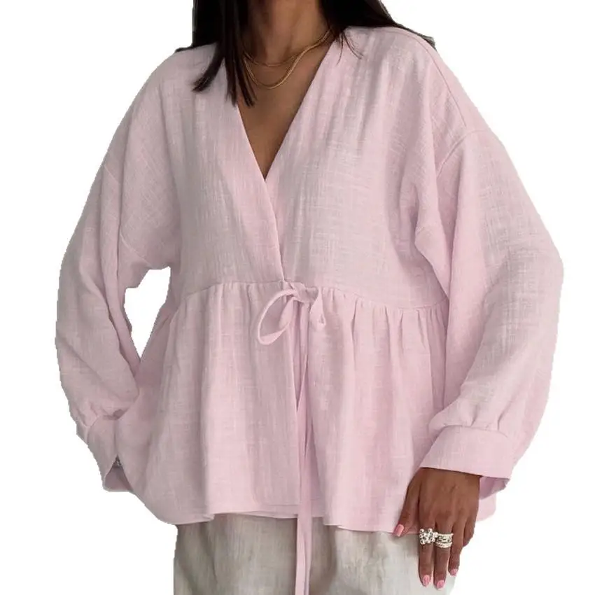 Women's Cotton Linen Long Pants Set V-ne Soft Comfortable New Faion Spring Autumn Casual Sle Pure Color irt